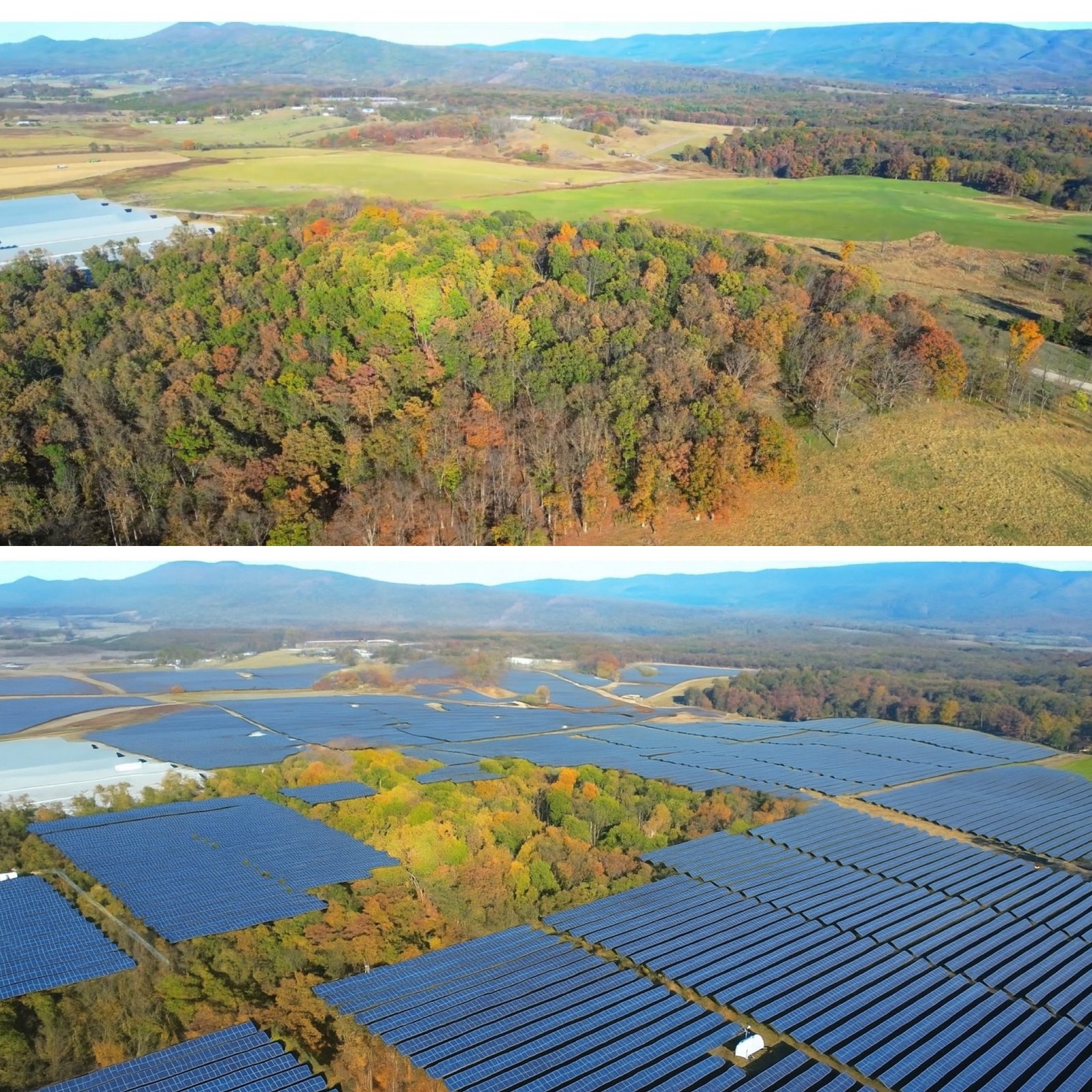 Before: Historic Old Fields Farmland. After: visualization of the farms converted into industrial solar installation.