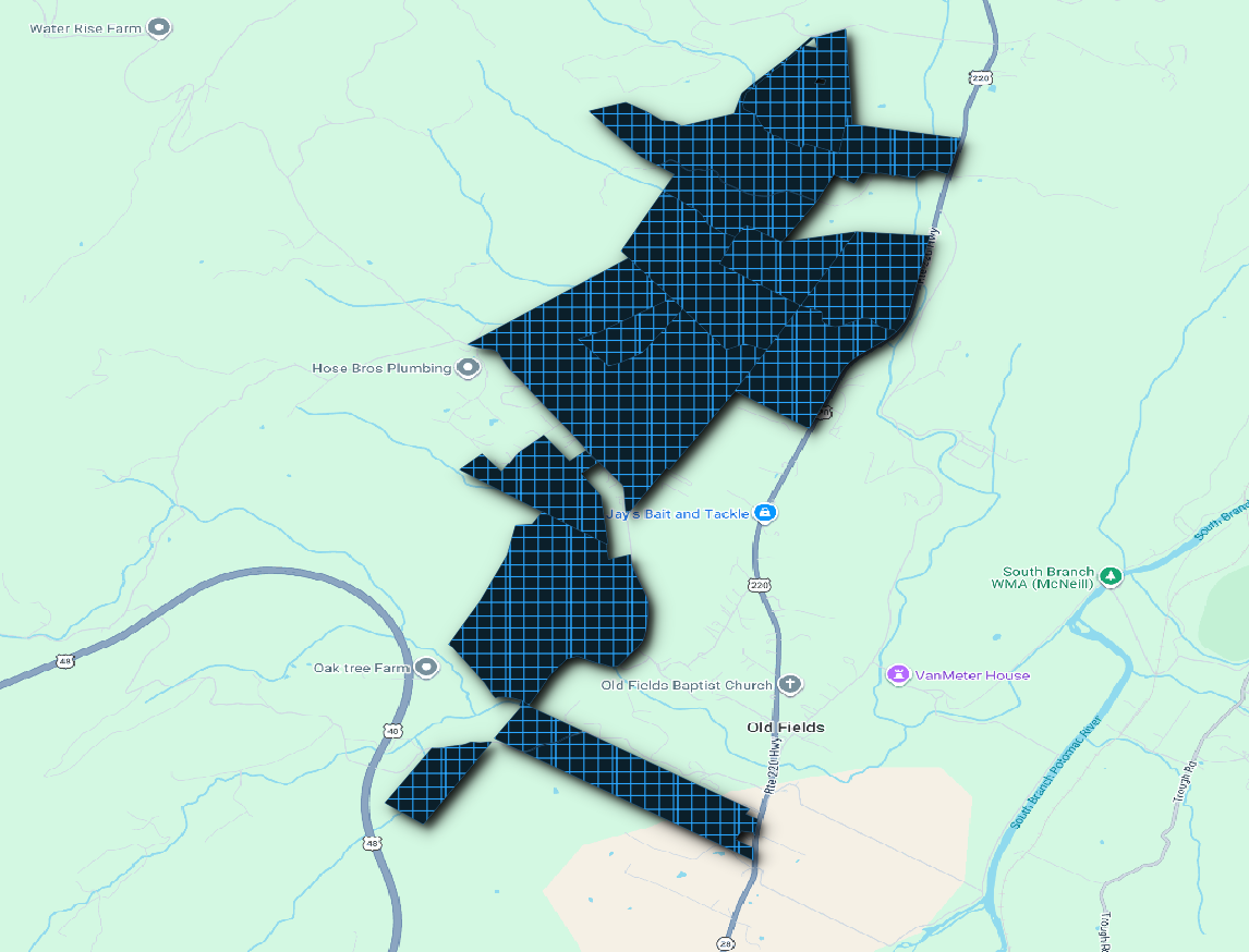 Hardy County Planning Commission map of the proposed Old Fields utility-scale solar project area, with the leased area shaded.
